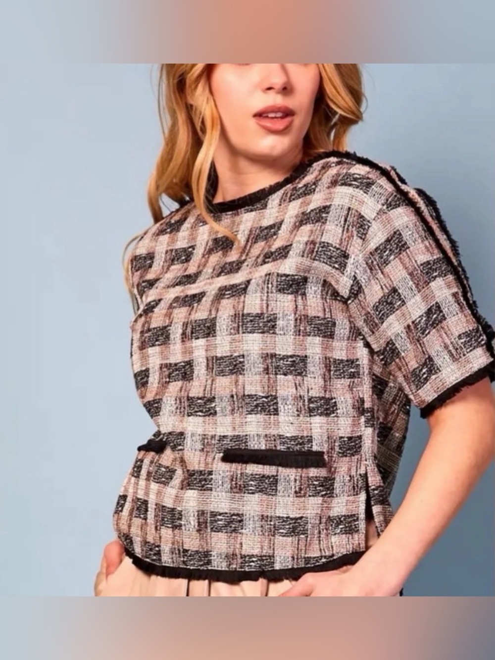 Baloot Checked Tweed Fringe Trim Short Sleeve Top | Black Cream | Size M